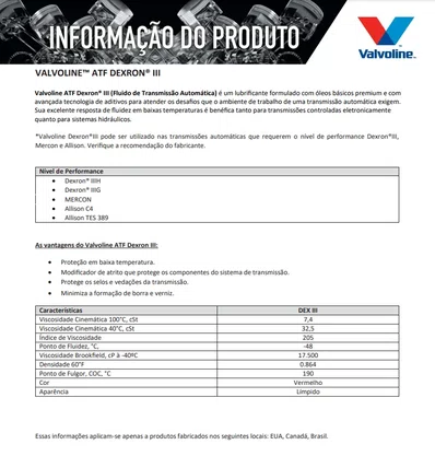 Óleo Hidráulico Valvoline ATF DexroN III SAE 80W 1 Litro