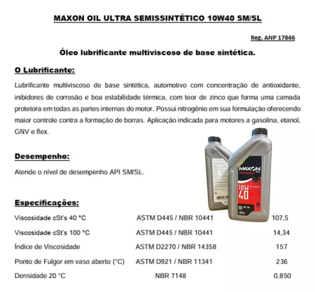 Óleo Lubrificante Motor 10W40 1 Litro Maxon