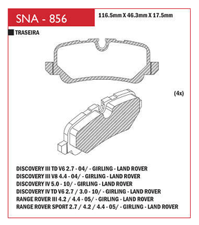 PASTILHA DE FREIO TRASEIRO SPEED BRAKE - SNA-854 -